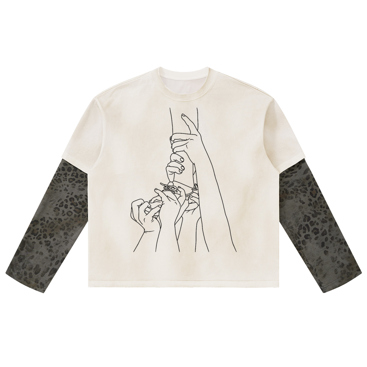 Unisex Vintage Wash Leopard Paneled Layer T-Shirt