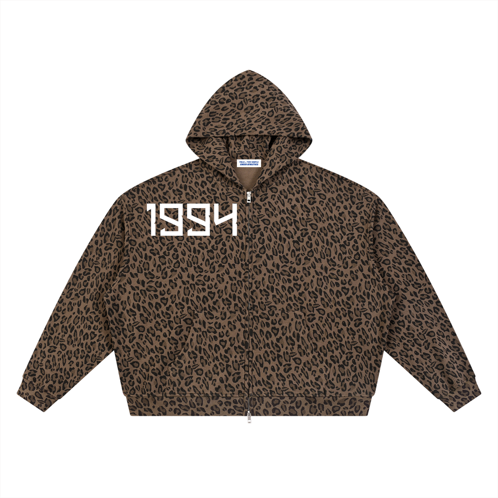 Unisex Leopard Print Waffle Full Zip Hoodie