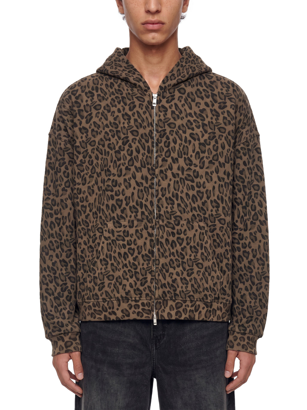 Unisex Leopard Print Waffle Full Zip Hoodie