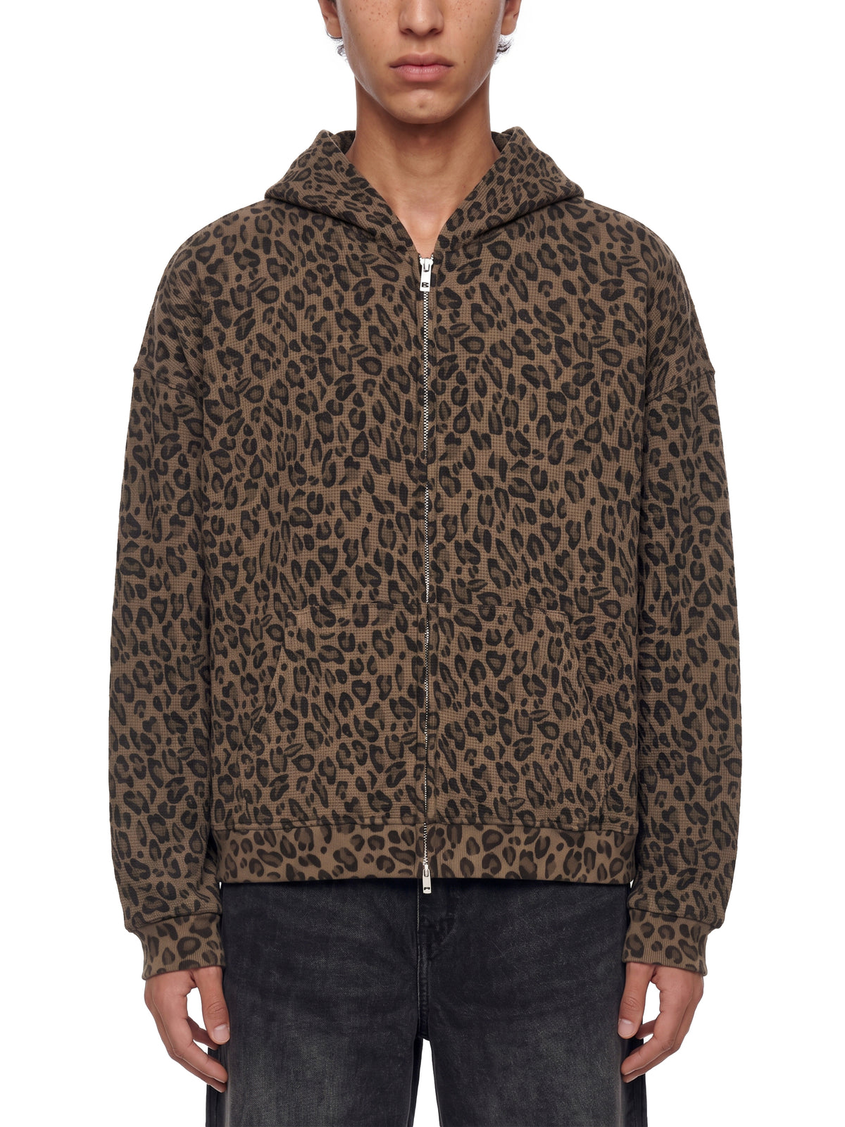 Unisex Leopard Print Waffle Full Zip Hoodie